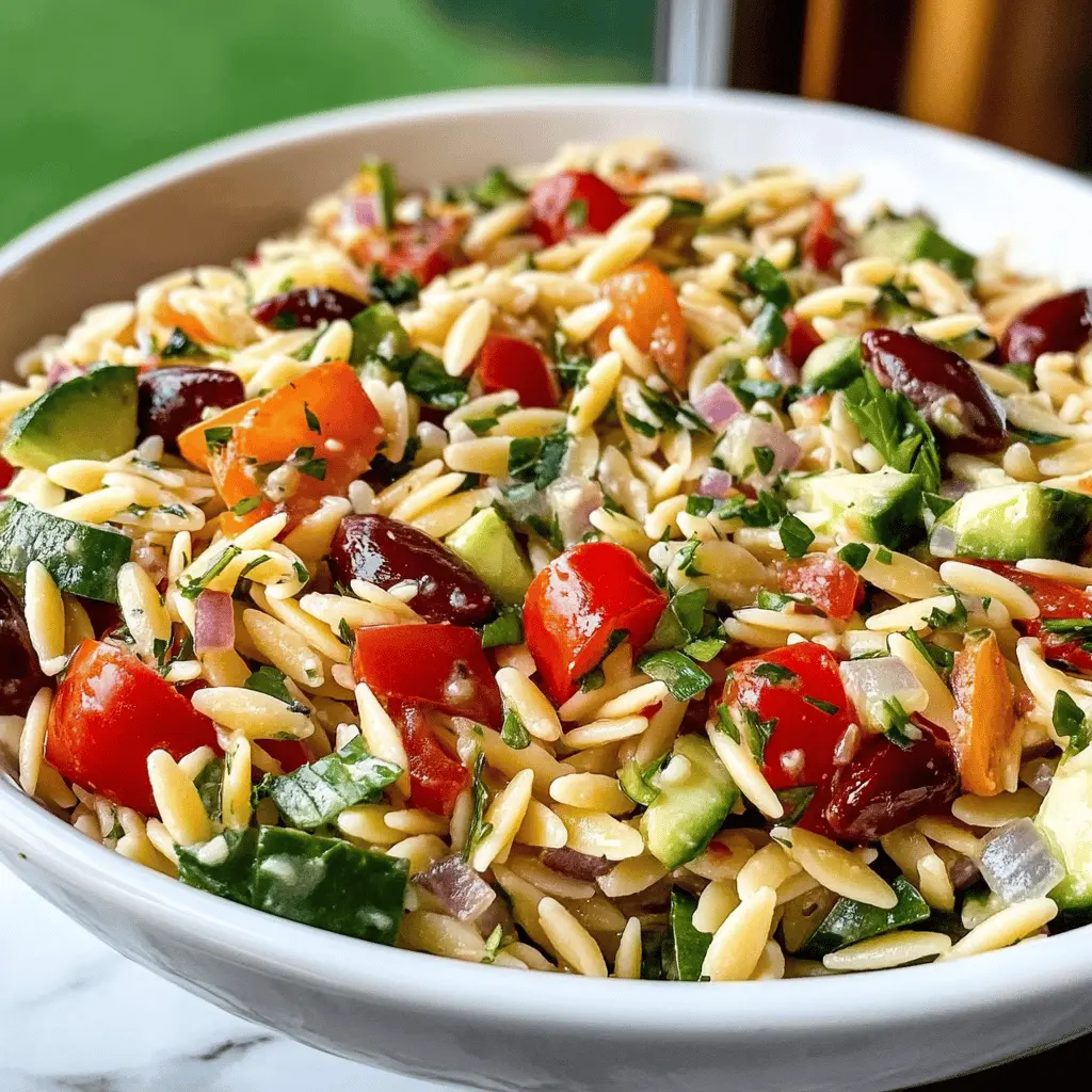 Brighten your day with this quick and refreshing Mediterranean Orzo Salad! Packed with vibrant veggies like cherry tomatoes, cucumbers, and bell peppers, plus nutty orzo and feta cheese, it's the perfect dish for a light lunch or a flavorful side. Save this recipe for your next picnic or barbecue, and enjoy healthy eating in just 10 minutes!