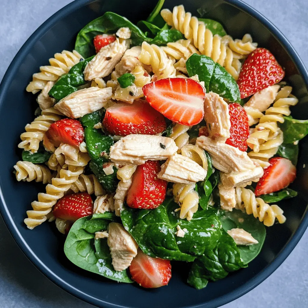 Brighten your day with this Strawberry Chicken and Spinach Pasta Salad! Perfect for warm days, this dish combines juicy strawberries, tender chicken, and fresh spinach, all tossed in a light dressing. It's a delightful blend of sweet and savory flavors that will impress at picnics, barbecues, or as a light lunch. Save this recipe for your next gathering!