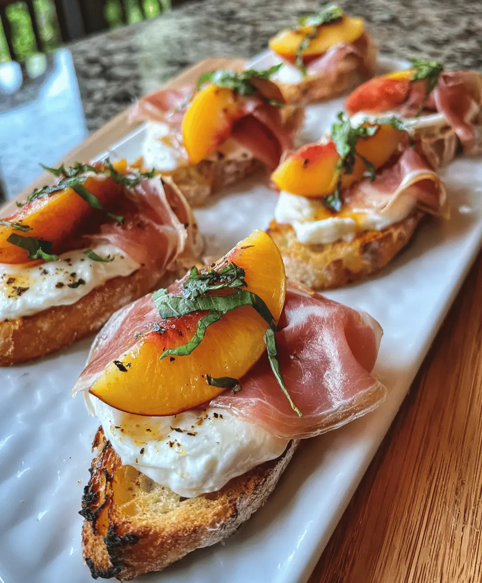 Easy Cheesy Burrata Crostini with Prosciutto and Peaches