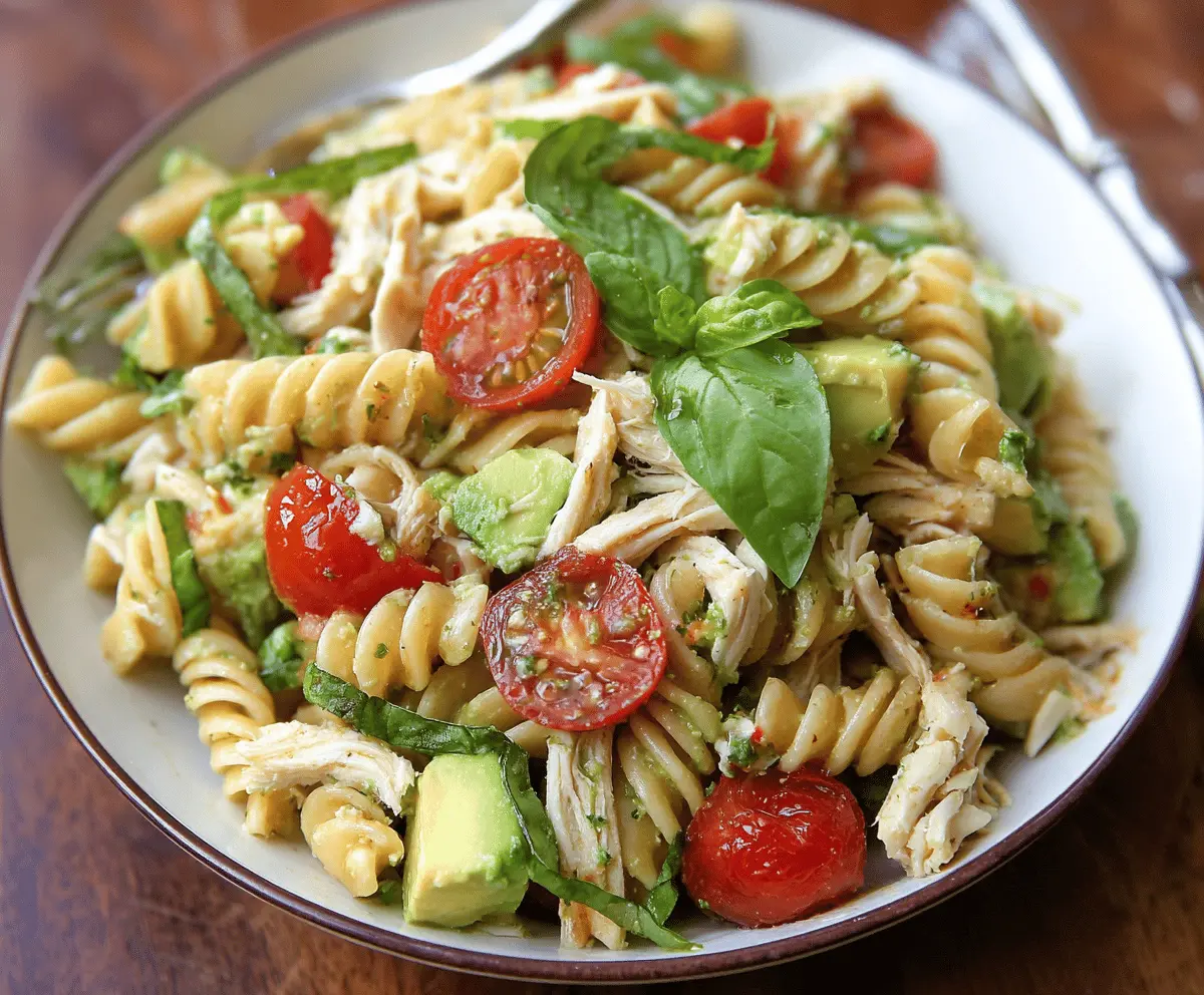 Healthy Chicken Pasta Salad with Avocado and Tomato