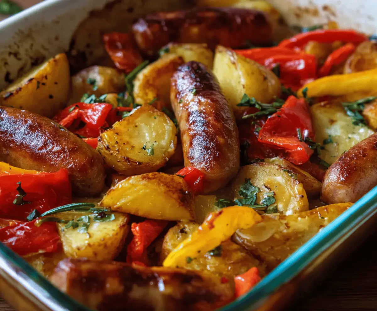 Easy Oven Roasted Sausages with Potatoes and Peppers