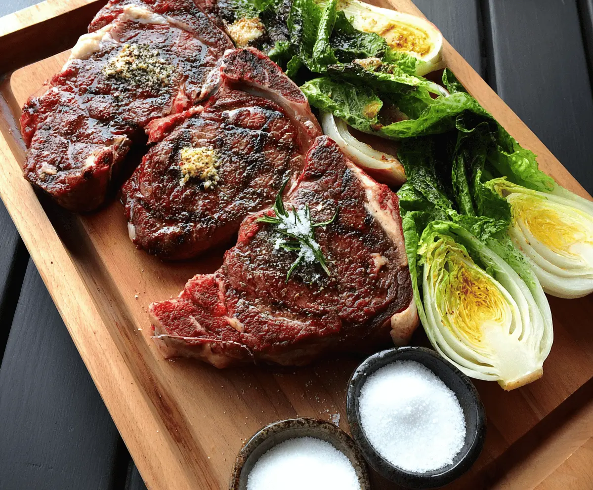Slow Roasted Rib Eye Steak with Veggies and Grilled Caesar Salad