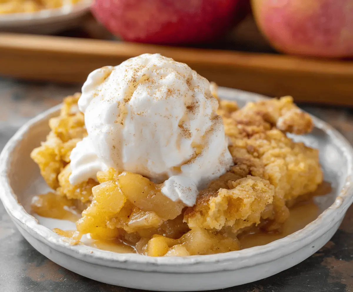 Delicious 3-ingredient apple dump cake topped with golden crust and cinnamon apples ready to serve