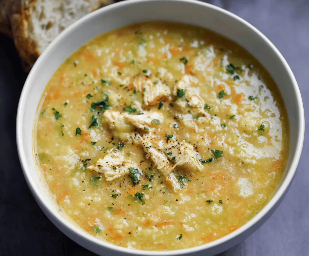A bowl of 30-minute cauliflower chicken soup with diced chicken, cauliflower florets, and fresh herbs on top, served in a white bowl with a spoon on a rustic wooden table.