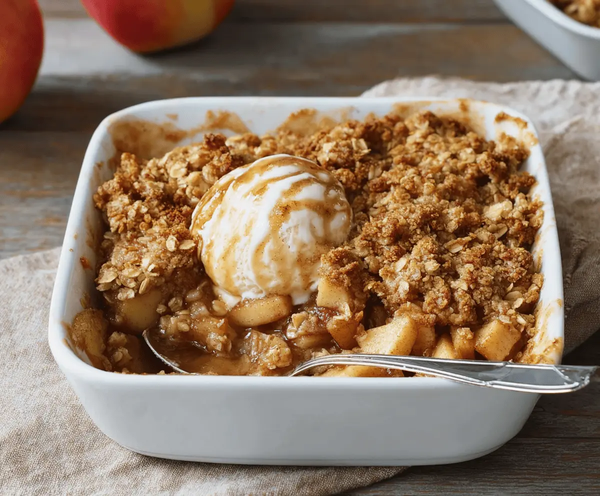 Delicious homemade apple crisp with oats topped with golden brown crust and fresh apple slices, perfect for a cozy dessert.