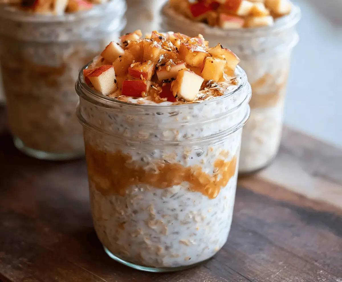 Creamy apple pie overnight oats topped with sliced apples, cinnamon, and whipped yogurt in a glass jar for a delicious and healthy breakfast.
