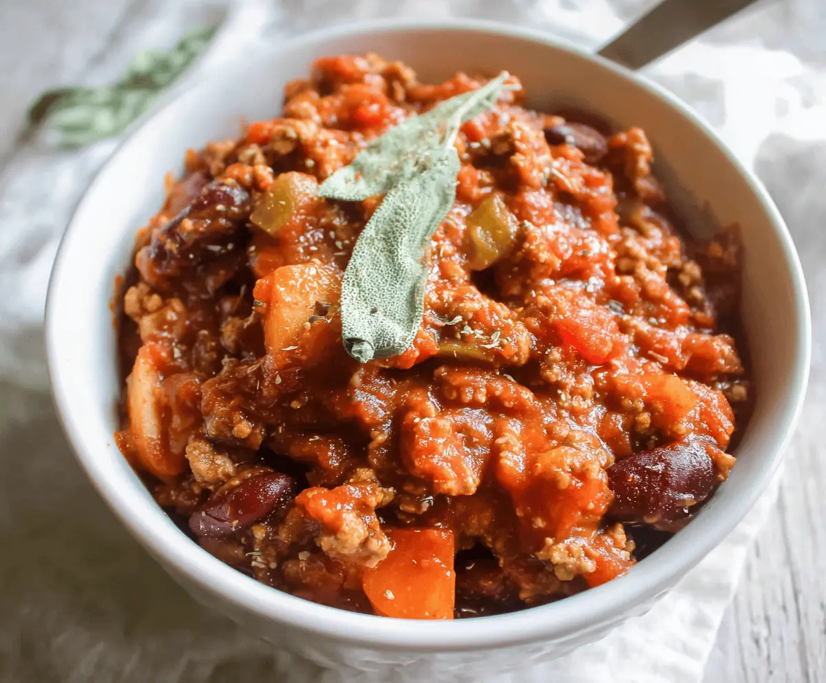 A bowl of hearty Apple Sage Turkey Chili topped with fresh herbs, featuring ground turkey, diced apples, and savory spices in a rich tomato-based broth.