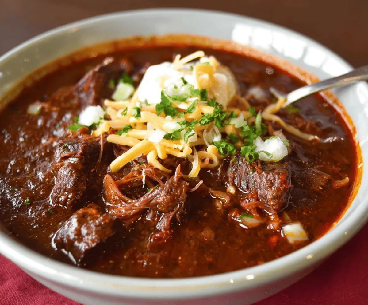 Delicious homemade Texas brisket chili with tender brisket, beans, and bold spices served in a bowl