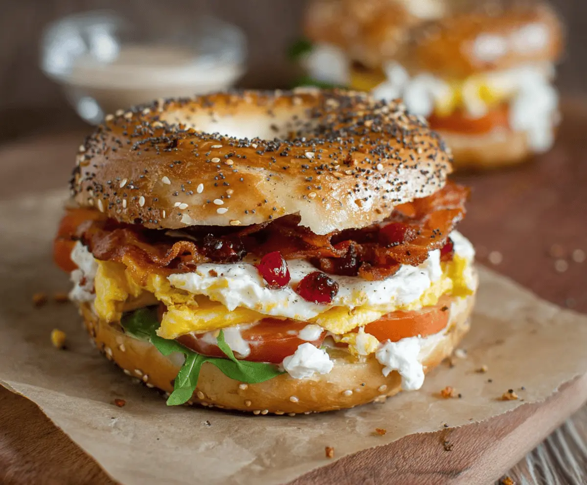 Delicious bagel sandwich filled with fresh lettuce, tomato slices, and savory deli meat, ready to enjoy