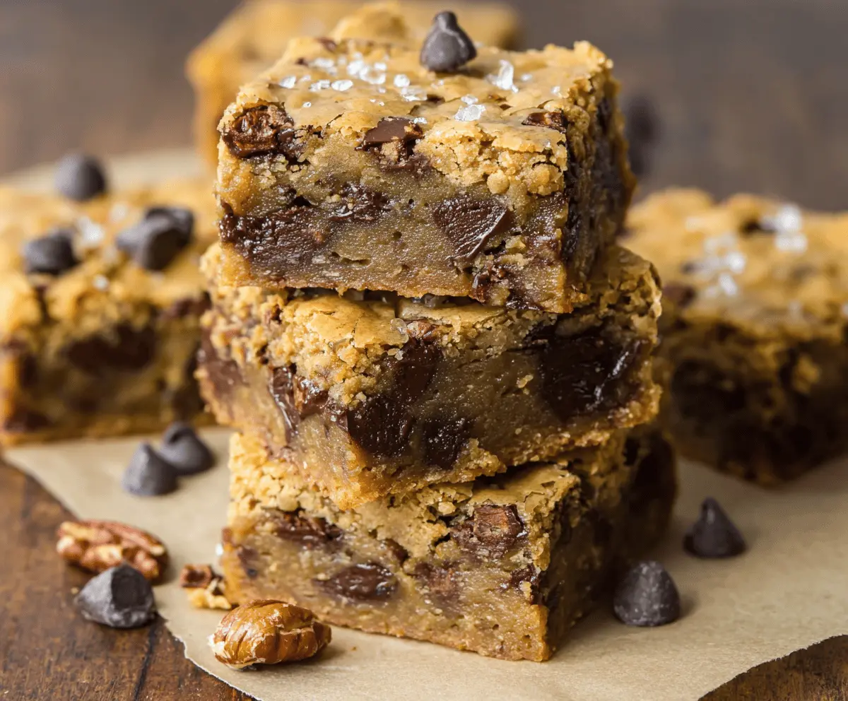 Delicious homemade blondies with chocolate chips and pecans on a baking tray, perfect for dessert or snack