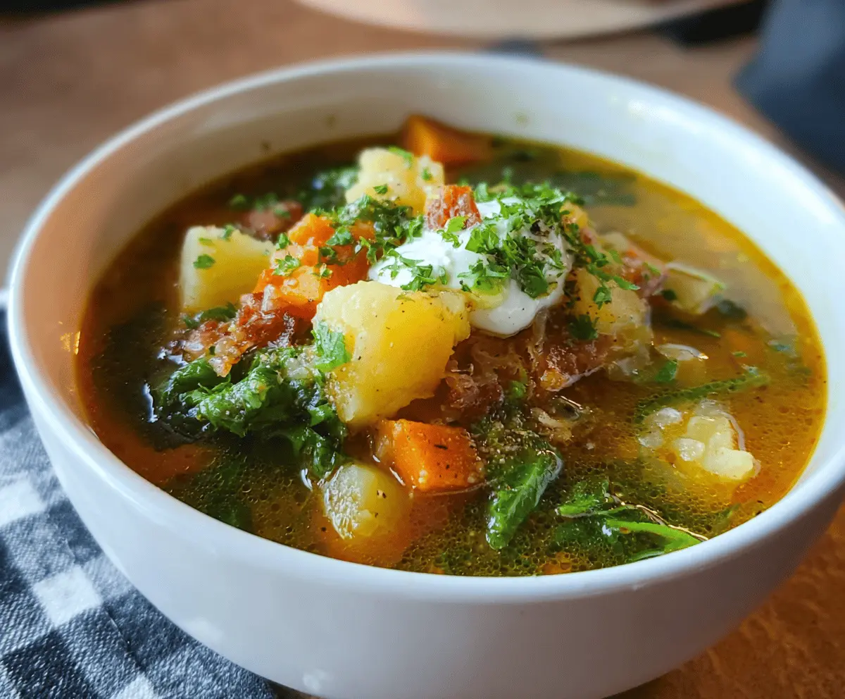 Creamy brothy tater soup garnished with fresh herbs in a rustic bowl, perfect for a comforting meal