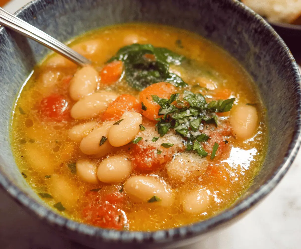 Creamy cannellini bean soup served in a bowl, garnished with fresh herbs and a slice of crusty bread on the side.