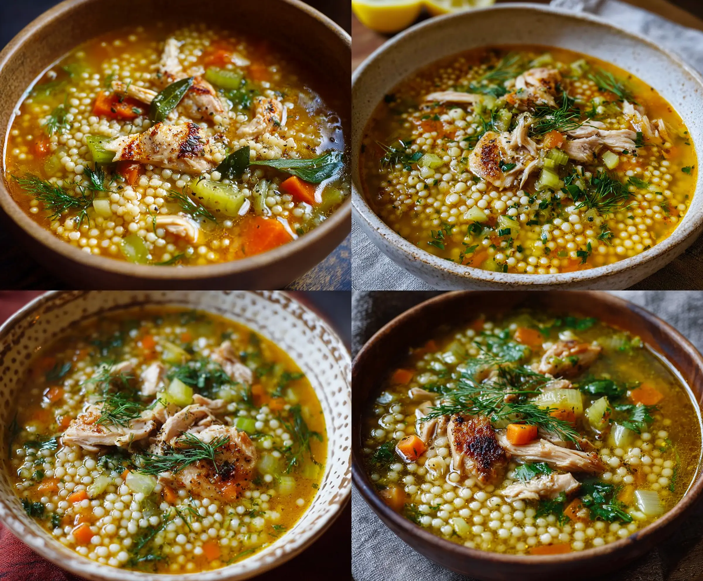 A steaming bowl of chicken and pearl couscous soup garnished with fresh herbs, showcasing tender chicken pieces, pearl couscous, and colorful vegetables in a flavorful broth.