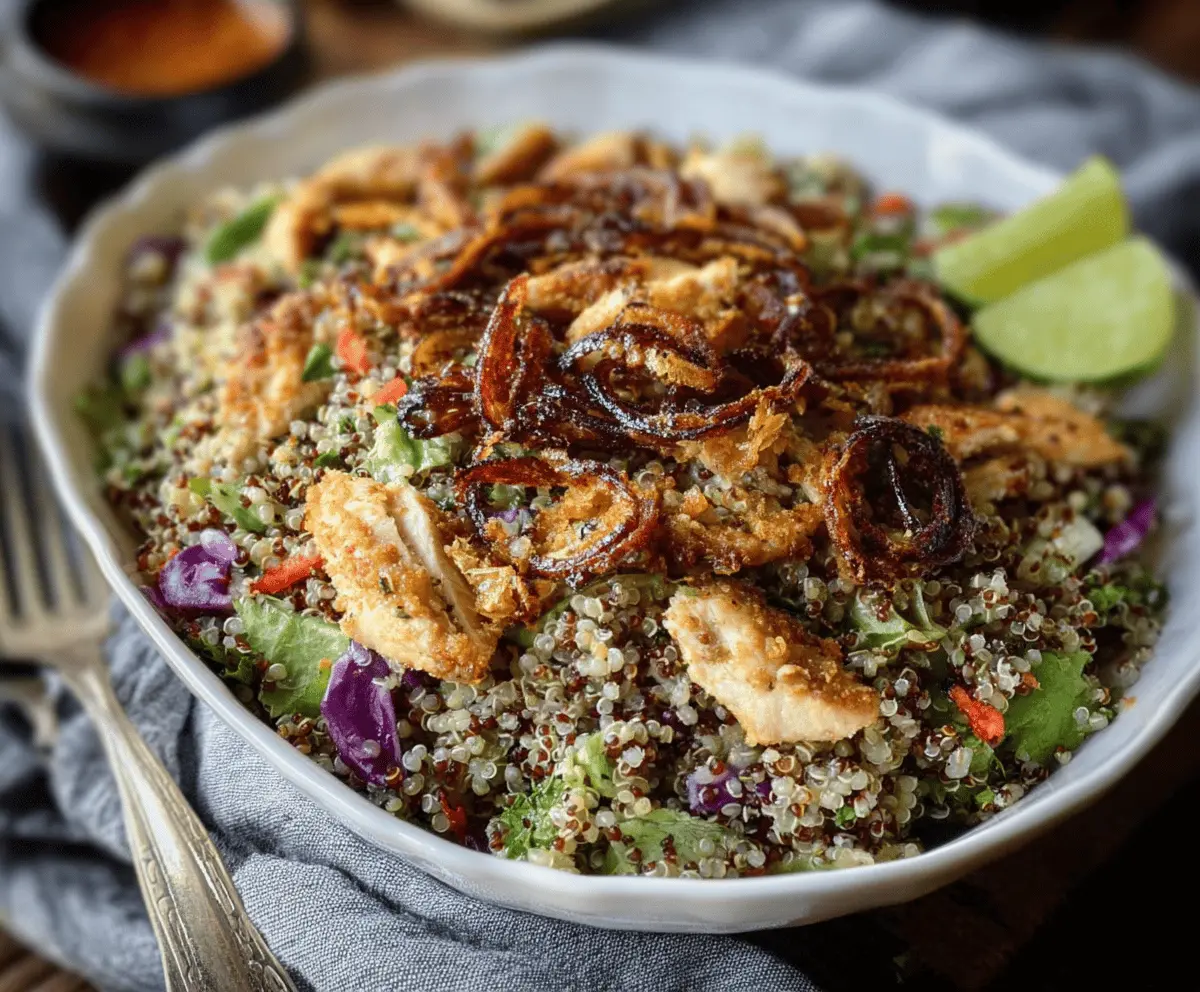 Colorful Chili Lime Chicken Quinoa Salad topped with Crispy Shallots, fresh herbs, and vibrant vegetables for a delicious and healthy meal.