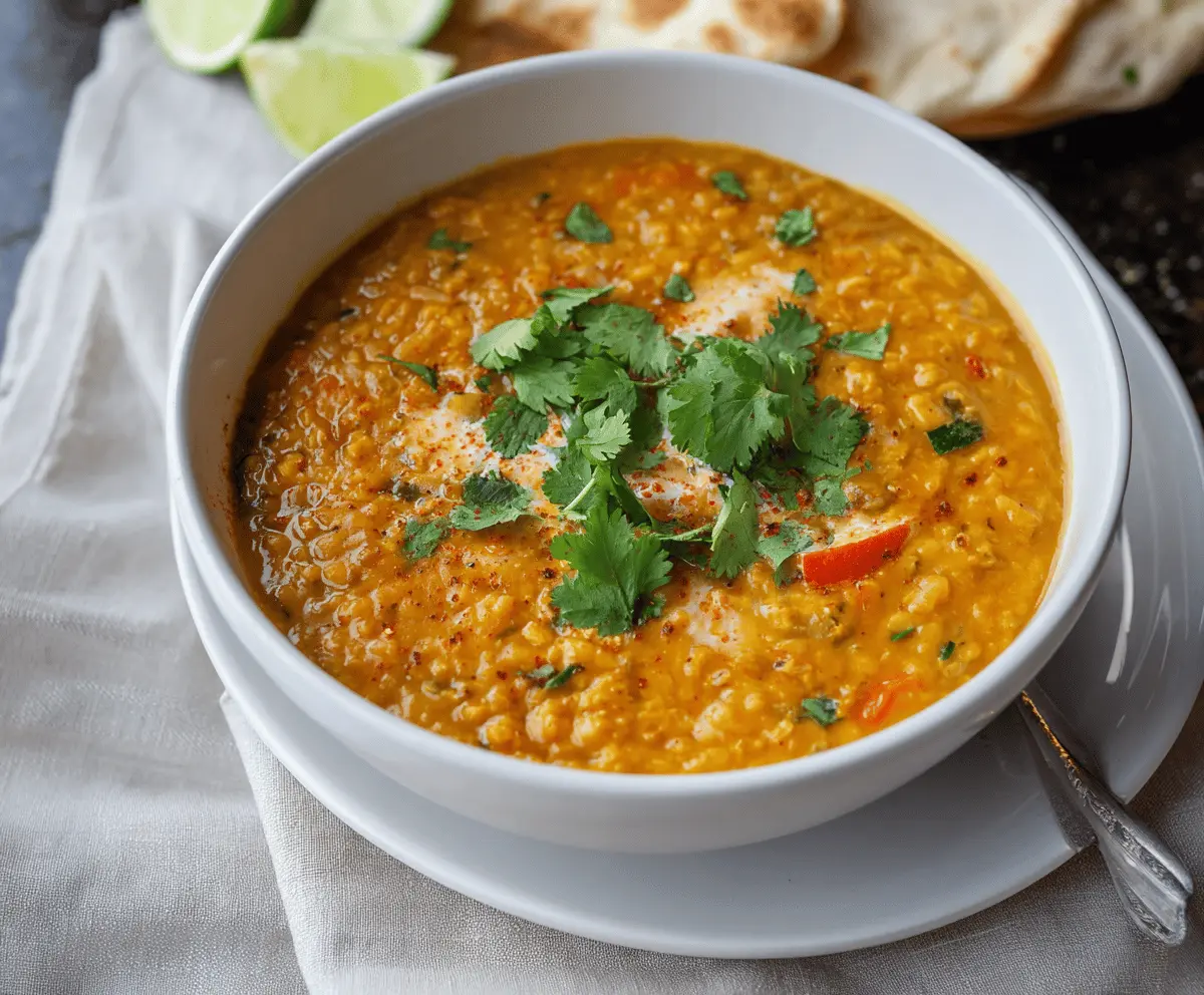 A bowl of warm Coconut Curry Lentil Soup garnished with fresh herbs, showcasing a vibrant orange color with coconut milk and spices, served with a spoon on a rustic wooden table.
