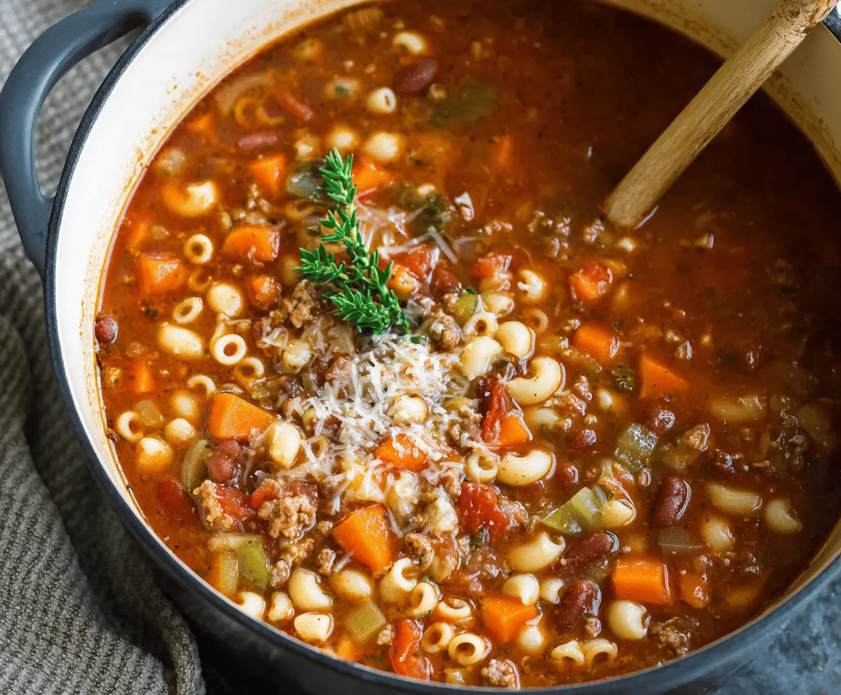 Delicious Copycat Pasta E Fagioli Soup with pasta, beans, vegetables, and herbs in a bowl, perfect for hearty, comforting meals