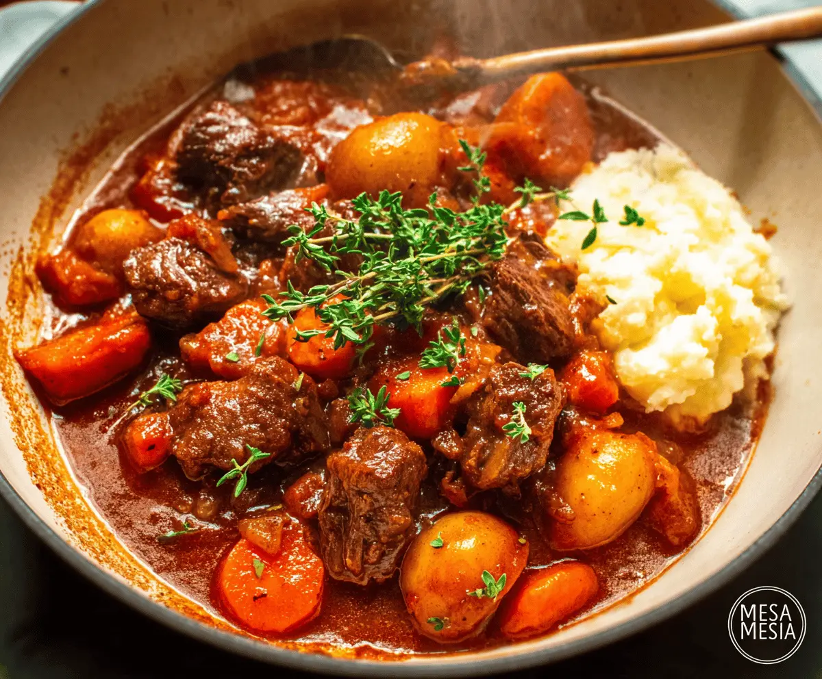 Hearty homemade stove top beef stew with tender beef chunks, carrots, potatoes, and vegetables in a rich, flavorful broth served in a rustic bowl.