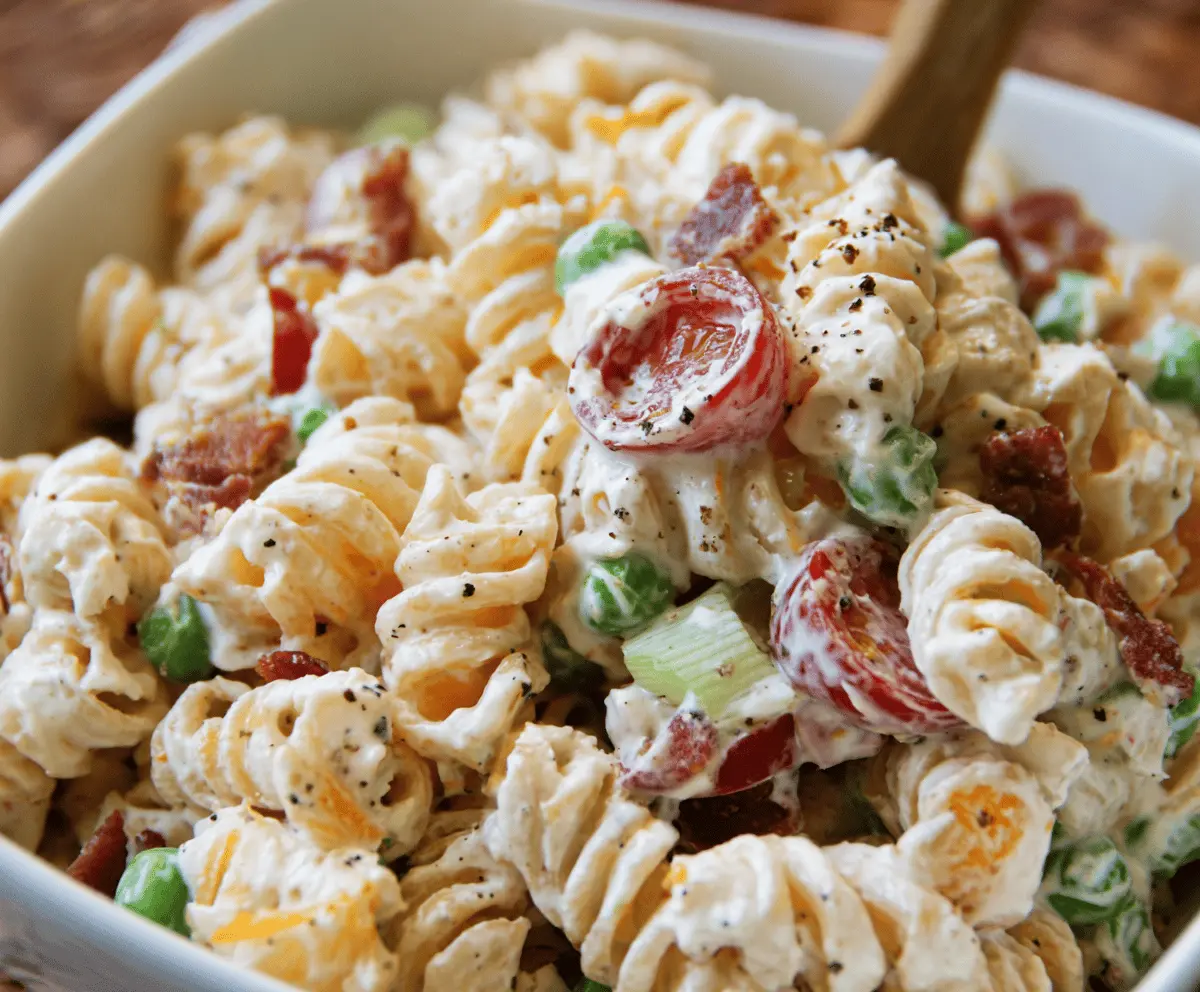 Creamy bacon ranch pasta salad with fresh vegetables and shredded cheese, served in a white bowl.