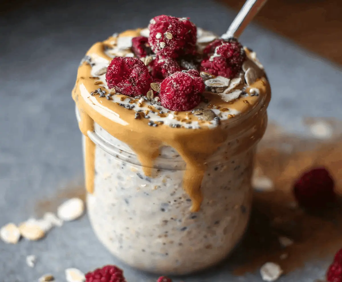 Creamy high protein overnight oats topped with fresh berries and nuts in a glass jar, perfect for a nutritious breakfast
