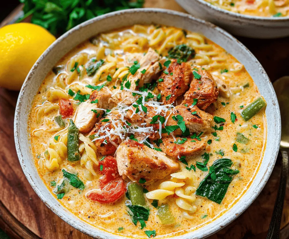 Creamy Parmesan Cajun Chicken Pasta Soup