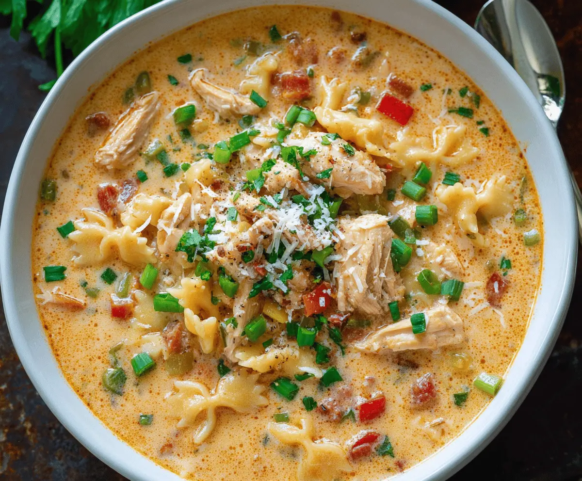 Creamy Parmesan Cajun Chicken Pasta Soup served in a bowl with pasta, chicken, and fresh herbs, highlighting a flavorful and hearty meal