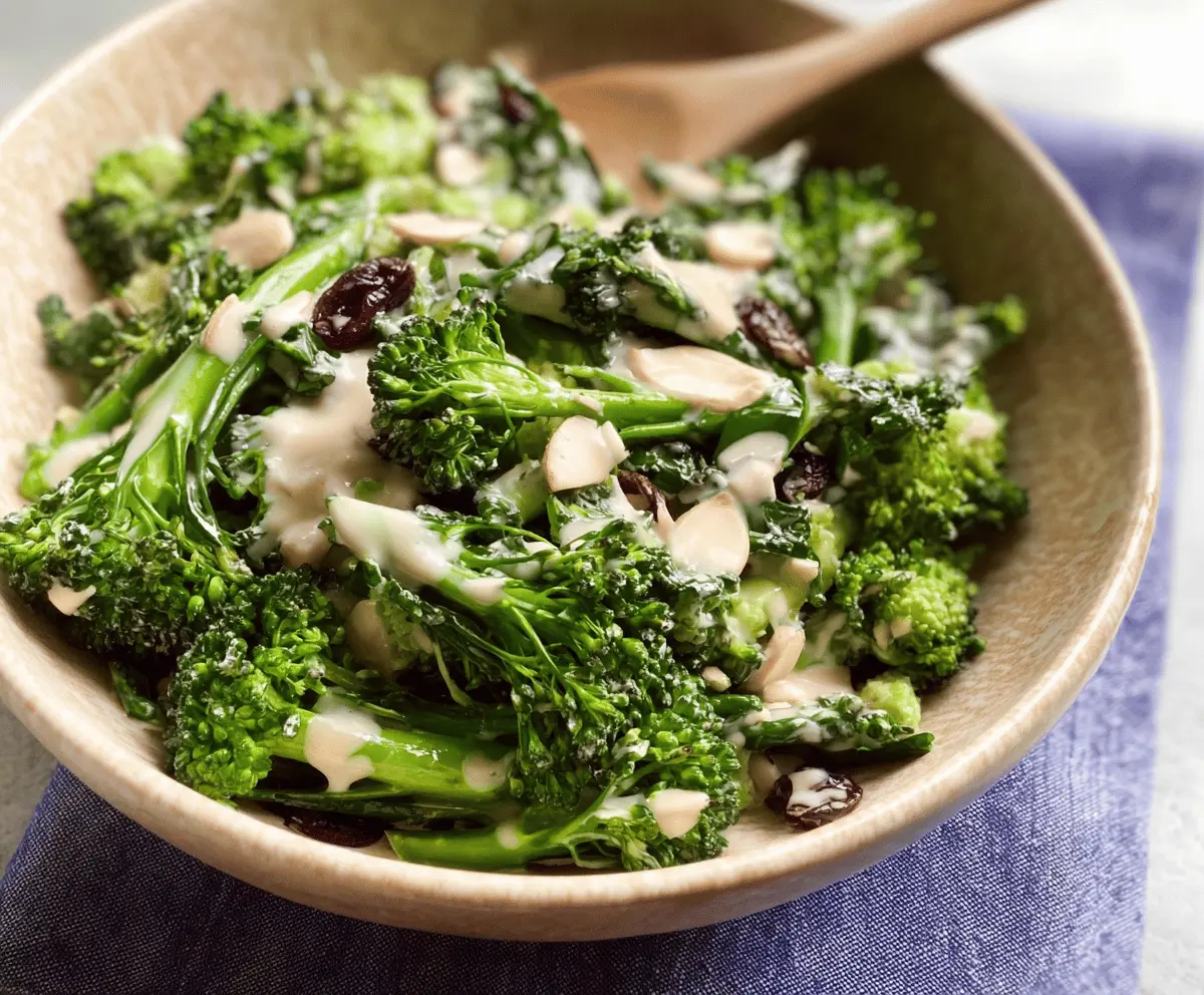 Creamy Tahini Broccolini Salad with fresh greens and lemon wedges, topped with toasted sesame seeds and herbs