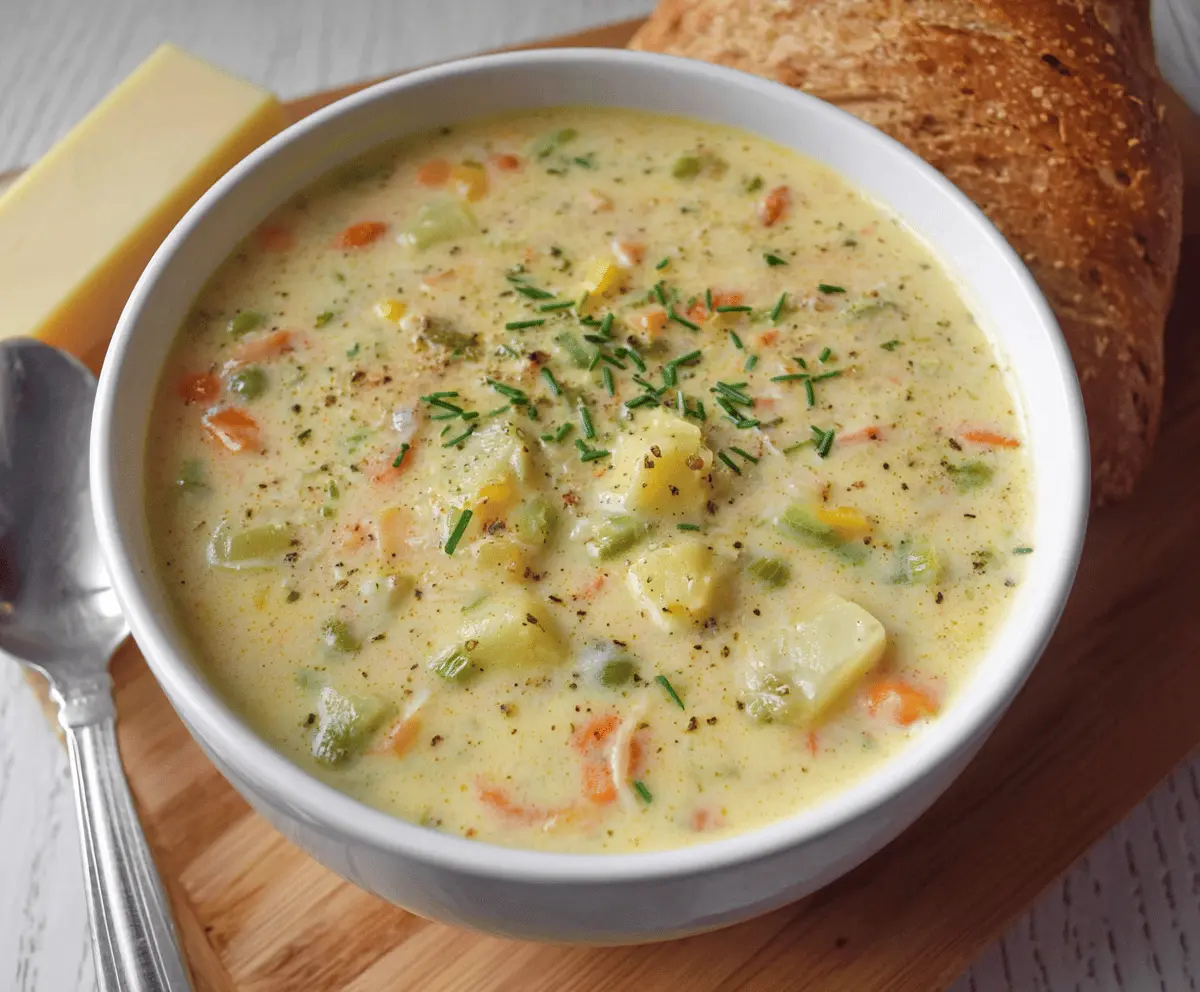A steaming bowl of creamy vegetable soup garnished with fresh herbs and colorful chopped vegetables, served in a white ceramic bowl on a rustic wooden table.