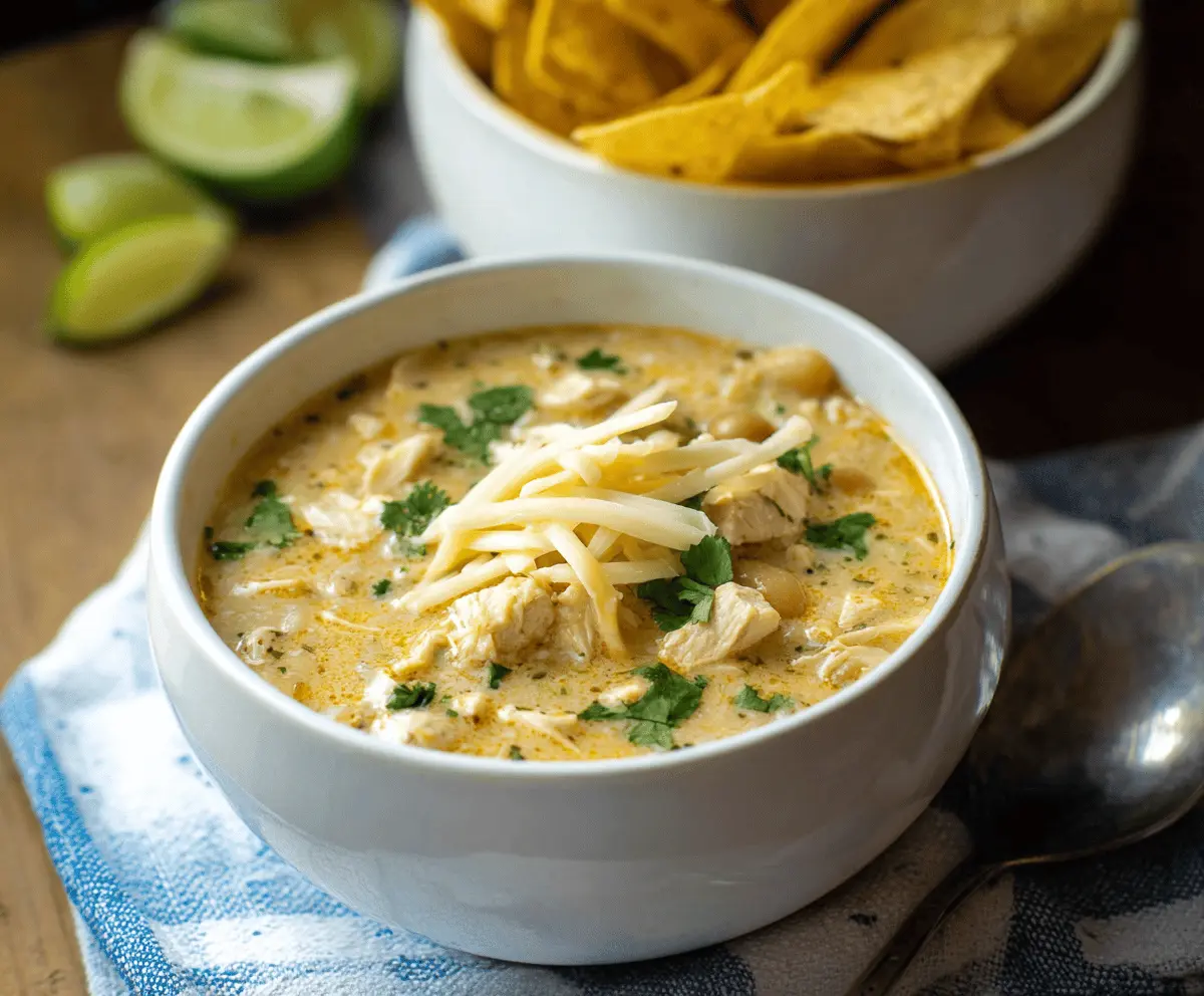 A bowl of creamy white chicken chili topped with shredded cheese and fresh herbs, served with tortilla chips on the side.