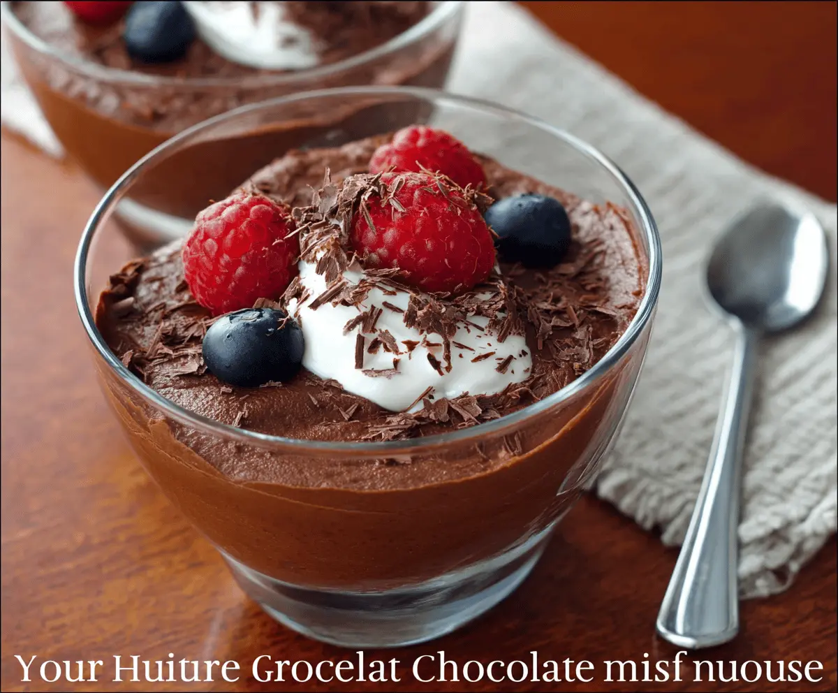 Creamy Greek Yogurt Chocolate Mousse topped with fresh berries and chocolate shavings, perfect for a decadent dessert