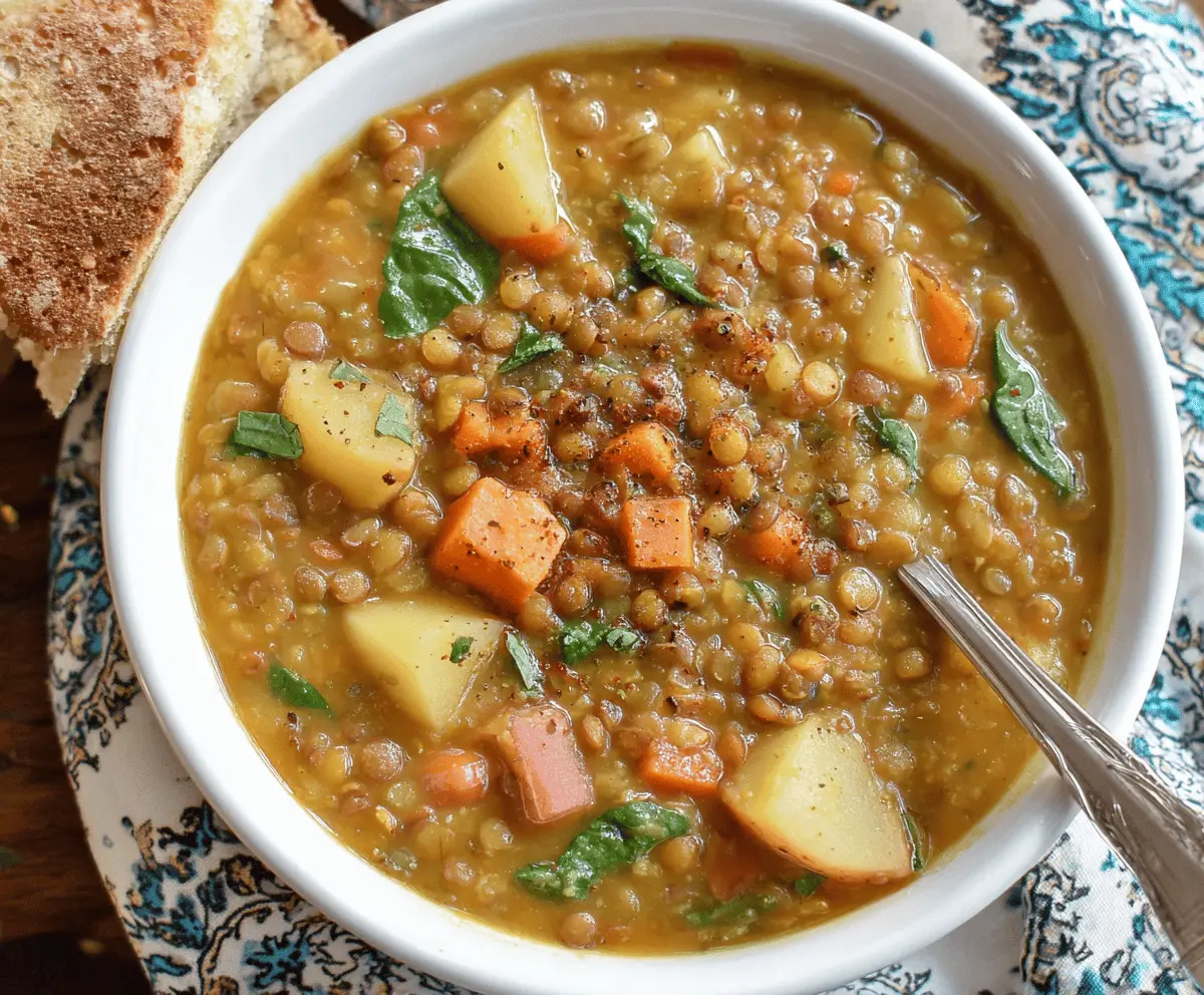 Creamy and hearty Easy Lentil Potato Soup in a bowl, garnished with fresh herbs, perfect for a healthy and comforting meal.