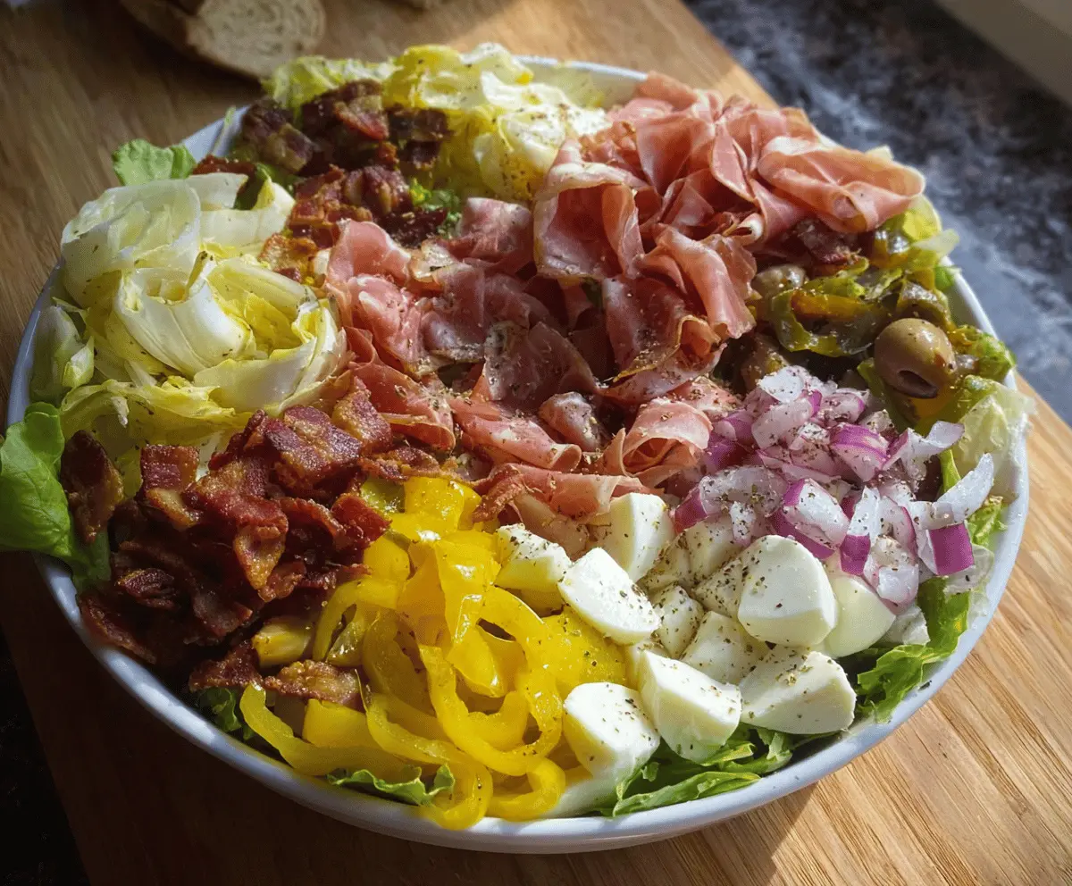 Colorful Fall Antipasto Salad with mixed greens, cherry tomatoes, black olives, mozzarella cheese, and sliced cured meats topped with fresh herbs, perfect for autumn meals.