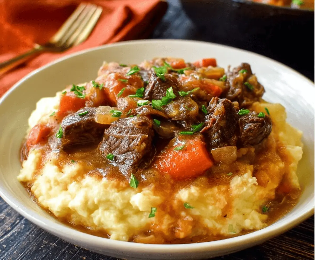 Fall Apple Cider Stew over Mashed Potatoes