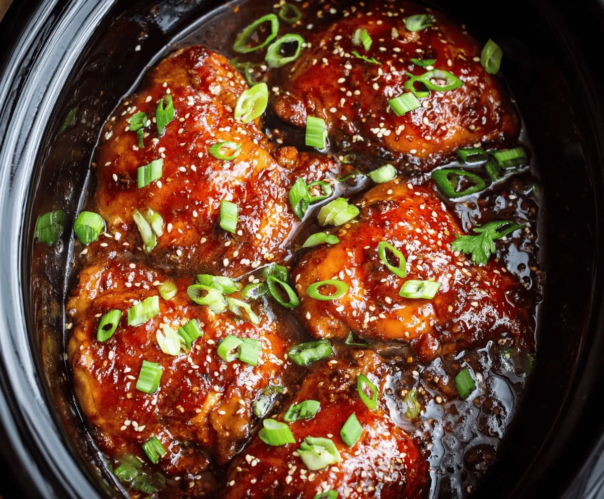 Juicy honey garlic chicken cooking in a crockpot with caramelized garlic and tender chicken breasts, perfect for a flavorful dinner.