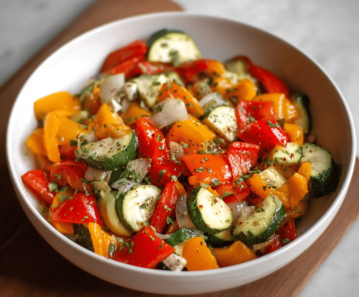 Colorful marinated vegetable salad with fresh herbs, featuring vibrant bell peppers, cherry tomatoes, cucumbers, and parsley for a healthy, flavorful appetizer