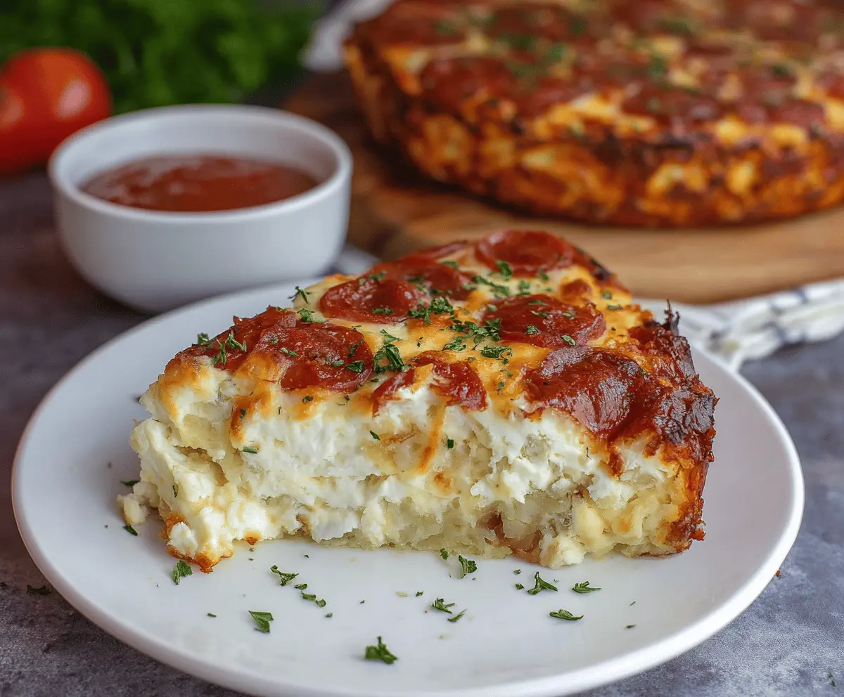 Delicious pizza-style cottage cheese bake topped with melted cheese and fresh herbs, served hot on a plate