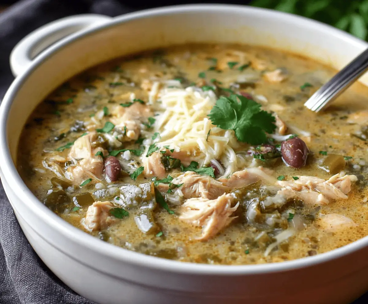 Hearty Poblano Chicken Chili in a bowl garnished with fresh herbs, topped with melted cheese and served with tortilla chips on the side.