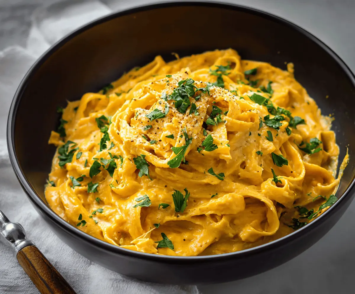 Creamy pumpkin Alfredo sauce in a white bowl topped with fresh herbs, perfect for pasta dishes and seasonal recipes.