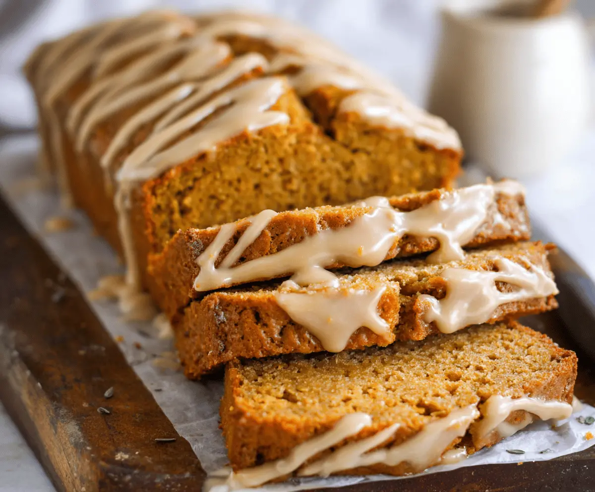 Delicious homemade pumpkin bread topped with a glossy maple glaze, served on a rustic wooden table