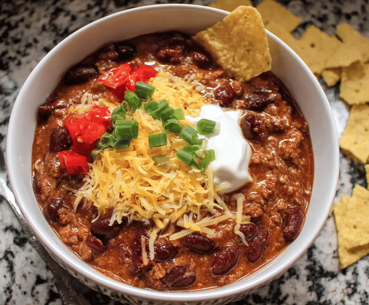 Delicious quick and easy chili recipe simmering on stovetop, featuring beans, ground meat, and spices in a cozy bowl