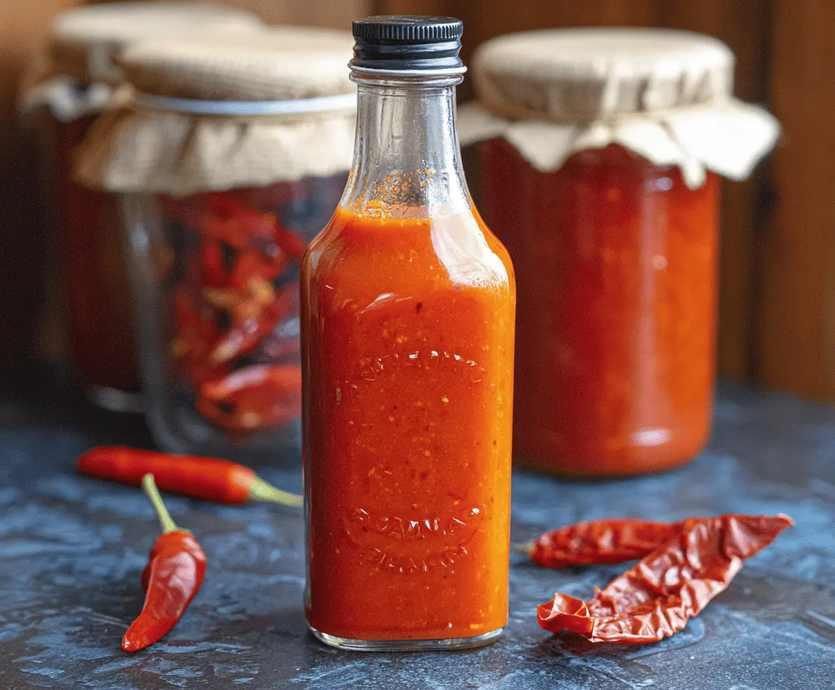 Spicy Red Savina Hot Sauce in a glass bottle with fresh chili peppers on a wooden surface