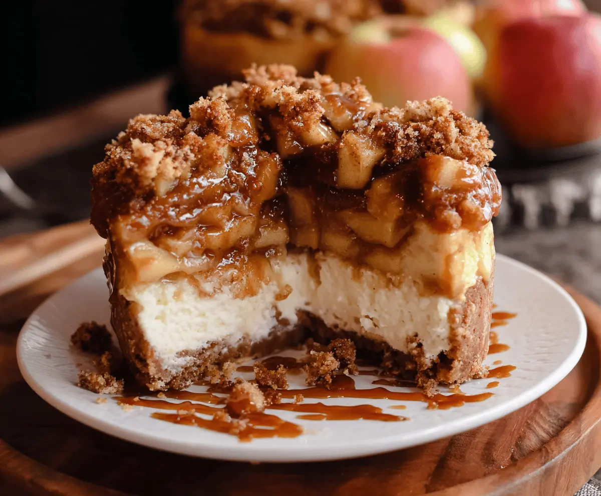 Delicious salted caramel apple pie cheesecake topped with caramel drizzle and sliced apples, perfect for fall desserts.