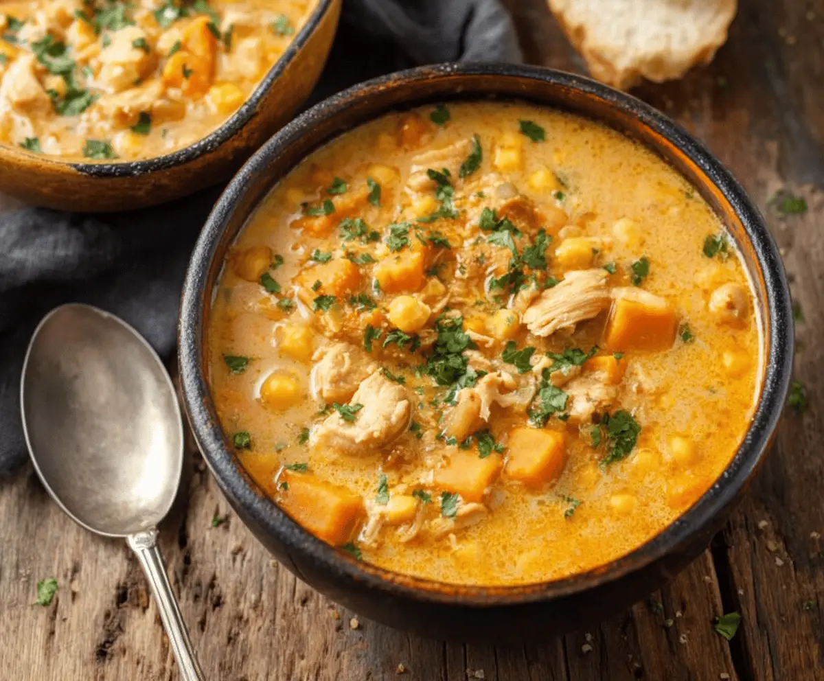 Creamy slow cooker chicken and sweet potato chowder in a bowl, topped with herbs and served with a spoon, perfect for a hearty and healthy meal.