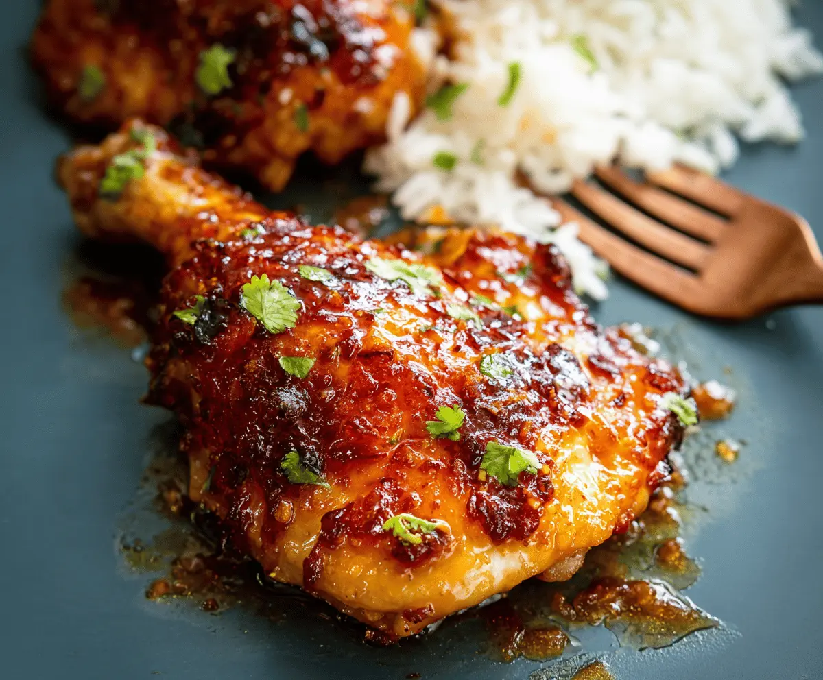 Juicy chicken breast glazed with sweet chili sauce, garnished with fresh herbs on a white plate, ready to serve