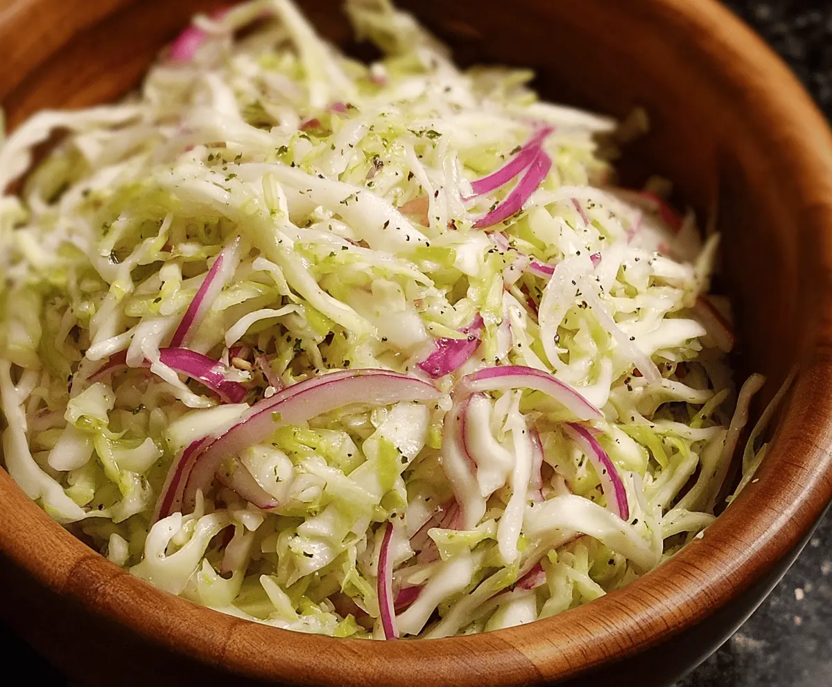 Bright and flavorful Tangy Vinegar Slaw featuring fresh shredded cabbage and sliced onions, perfect as a crisp side dish