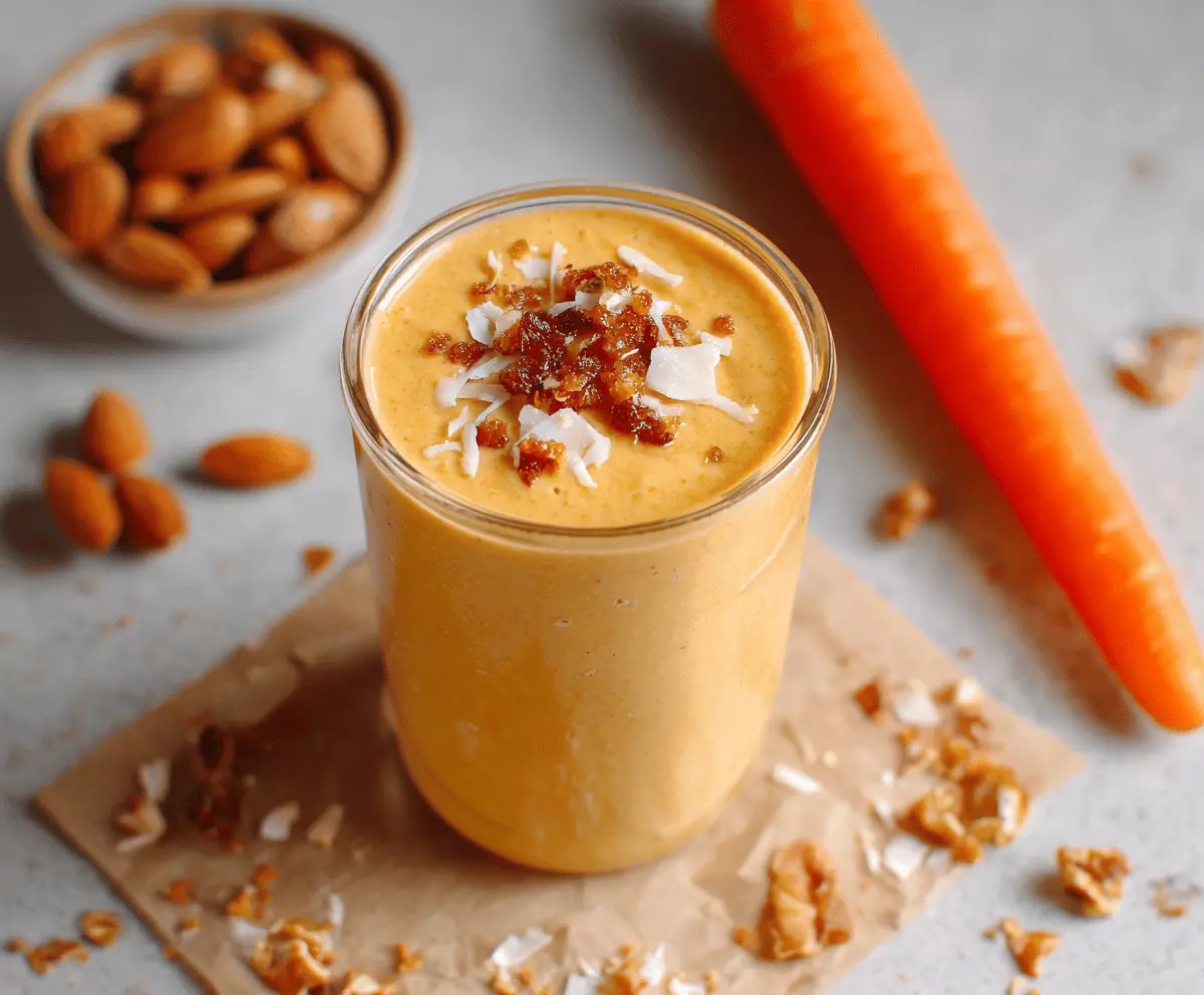 Creamy vegan carrot cake smoothie with shredded carrots, cinnamon, and walnuts in a glass, perfect for a healthy dessert or breakfast