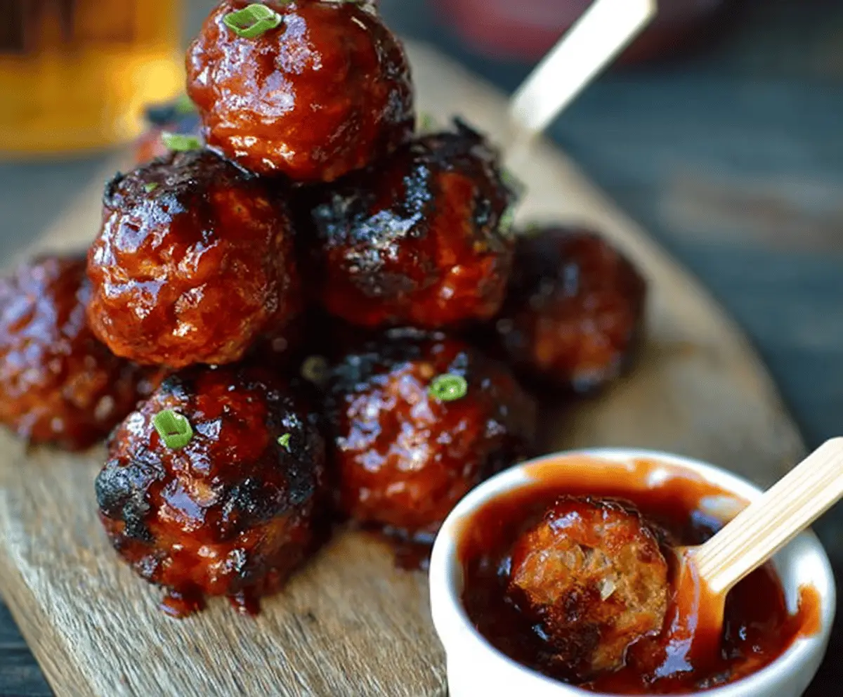 Delicious Whiskey Peach BBQ Meatballs served on a platter with fresh herbs and a tangy barbecue sauce, perfect for summer grilling