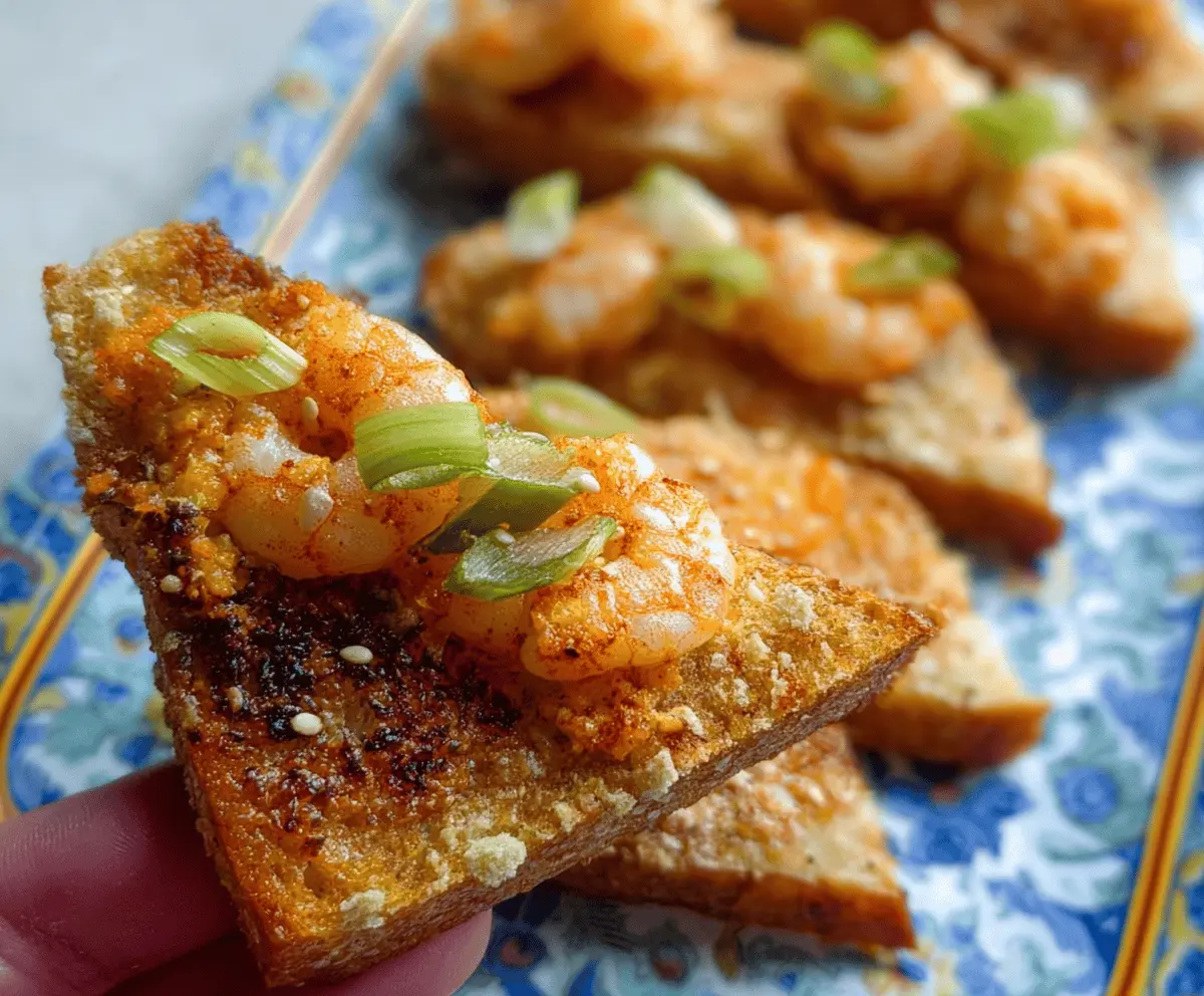 Delicious crispy air fried shrimp toast served on a white plate, garnished with fresh herbs and lemon slices, perfect for appetizer or snack