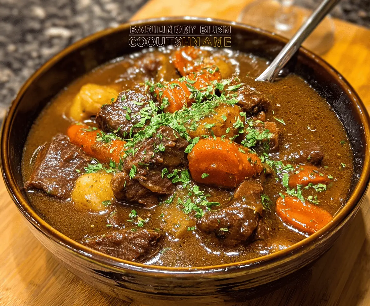 Hearty Anthony Bourdain's Beef Stew featuring tender beef chunks, fresh vegetables, and rich broth served in a rustic bowl.