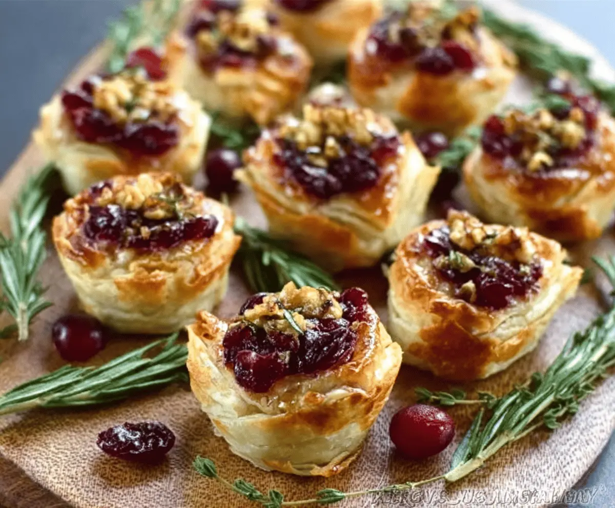Delicious Baked Cranberry Brie Bites served on a elegant white plate, garnished with fresh herbs.