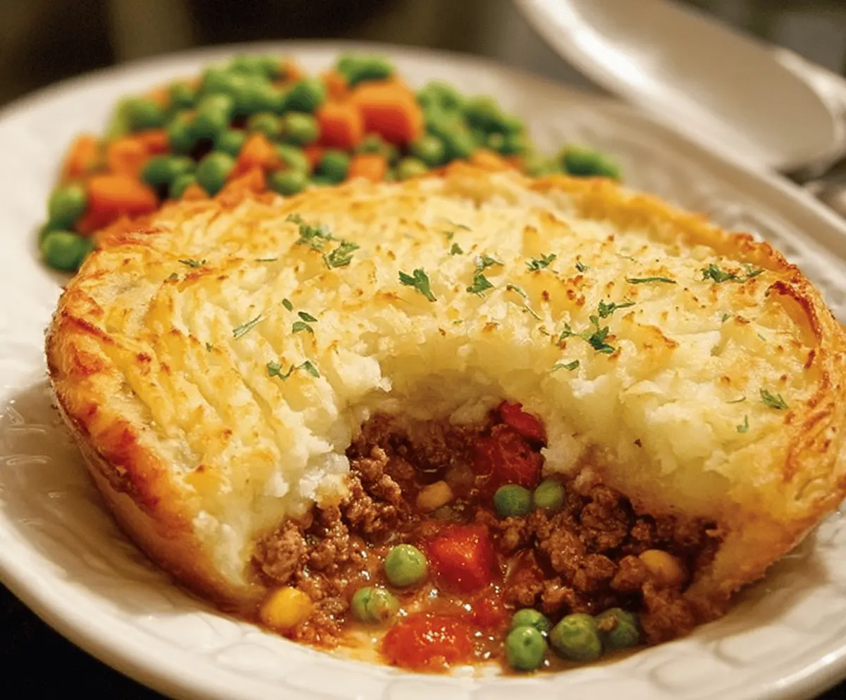 Delicious homemade Beef Shepherd's Pie served on a plate, perfect for dinner. Ready-to-eat comfort food.